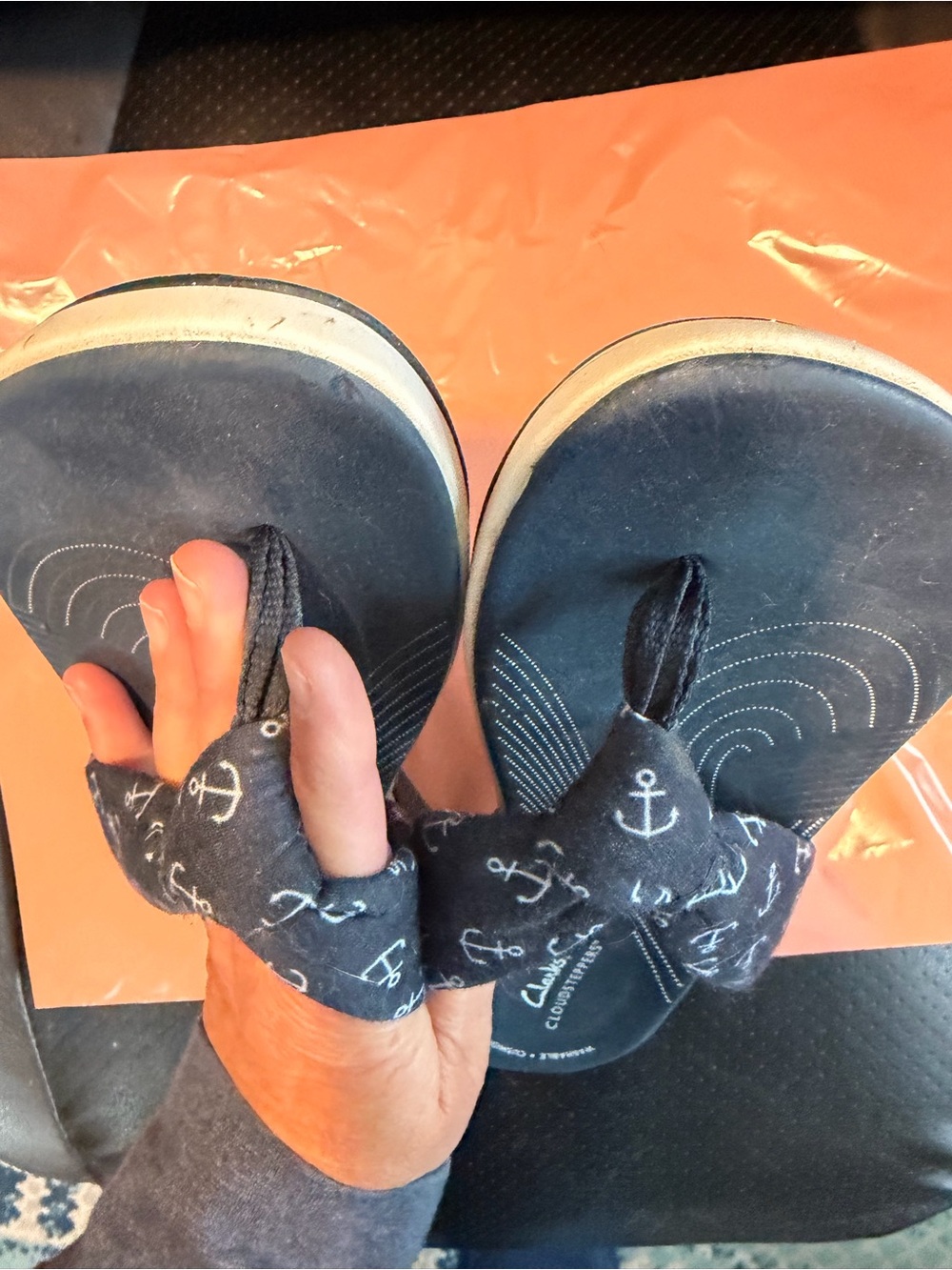 Clarks Blue Anchor Print Cloudsteppers Flip Flops - Picture 4 of 14